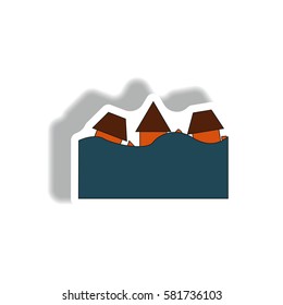 Vector illustration in sticker design of a buildings that has been flooded