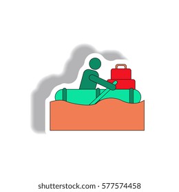 Vector illustration in sticker design of man on raft in flood
