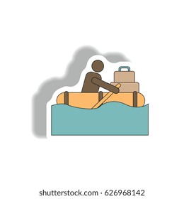 Vector illustration in sticker design of man on raft in flood