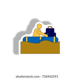 Vector illustration in sticker design of man on raft in flood