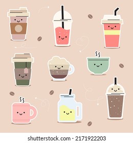 Vector Illustration Sticker Drink, Coffee, Tea, Soda Water. Isolated Background.