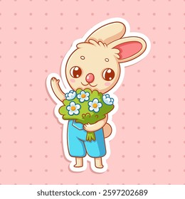 Vector illustration for sticker with Easter Rabbit with flowers. Animal character. Cute bunny with bouquet.