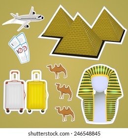 vector illustration sticker Egyptian pyramids , tickets, baggage and aircraft