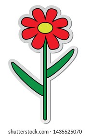 Vector illustration, sticker of flower with red petals,  yellow round center, green stem and leaves in flat cartoon style isolated on white background