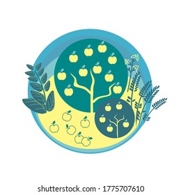 Vector illustration of a sticker, gardening emblem. Garden, fruit trees with apples, ripe apples fell.