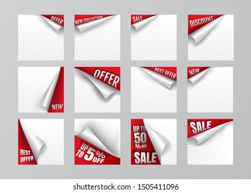 Vector illustration. Sticker. Glossy page flip effect. Red lining for text. Overlays for square images. Isolated objects of graphic design of social networks, goods, posters, flyers. Background