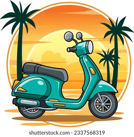 Vector Illustration sticker of Green turquoise scooter in summer scene in white background