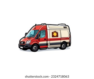Ilustración vectorial de una pegatina con una imagen de un vehículo de ambulancia sobre un fondo blanco