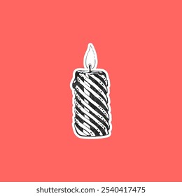 Vector illustration of sticker with image of wax candle with flame with photocopy effect. Christmas striped candle with grunge grainy texture on isolated red background. Element for design.