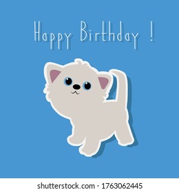 vector illustration sticker kitten cute chibi funny happy birthday greeting card blue background