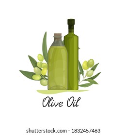 Vector illustration of sticker, label or emblem with 2 bottles of olive oil and olive branches and fruits. Packaging or advertising design for olive business and oil