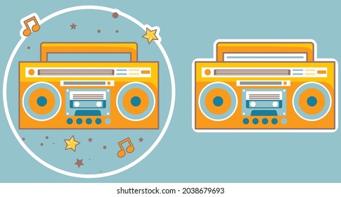 ilustración vectorial. sticker, micrófono, icono, asunto Notas y melodías musicales. El Estilo De Caricatura Plana Es Adecuado Para La Página Web De Aterrizaje, Cartel, Volante, Pegatina, Papel De Fondo, Postales, Fondo. establecer