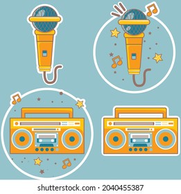 ilustración vectorial. sticker, micrófono, icono, asunto Notas y melodías musicales. El Estilo De Caricatura Plana Es Adecuado Para La Página Web De Aterrizaje, Cartel, Volante, Pegatina, Papel De Fondo, Postales, Fondo. establecer