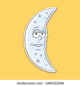 Vector Illustration of Sticker of Moon Cartoon on a Yellow Background