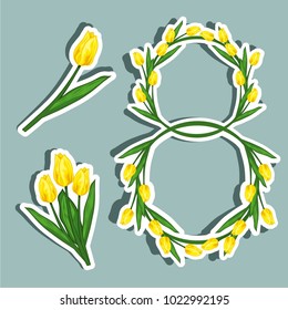 Vector illustration sticker on March 8 from tulips