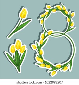 Vector illustration sticker on March 8 from tulips