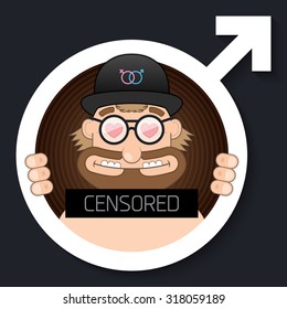 Vector illustration. The sticker on the T-shirt as a male symbol. Funny bearded hipster in glasses looks at the woman.