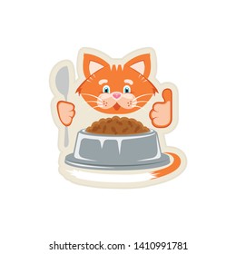 Vector illustration. Sticker. Orange cat bowl with food and a spoon. Cartoon character for printing goods for pet store, pet food, concept of advertising logo.