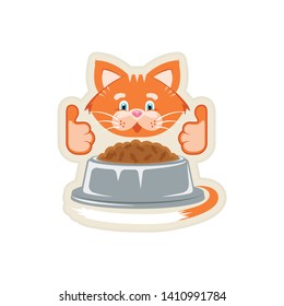 Vector illustration. Sticker. Orange cat bowl with food and a spoon. Cartoon character for printing goods for pet store, pet food, concept of advertising logo.