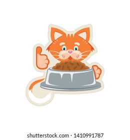 Vector illustration. Sticker. Orange cat bowl with food and a spoon. Cartoon character for printing goods for pet store, pet food, concept of advertising logo.
