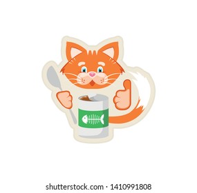 Vector illustration. Sticker. Orange cat holds in its paws a jar of food and a spoon. Cartoon character for printing goods for pet store, pet food, concept of advertising logo.