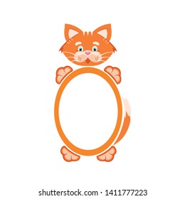 Vector illustration. Sticker. Orange cat holds an oval frame. Cartoon character for printing goods for pet store, signboard, pet food, advertising logo concept.