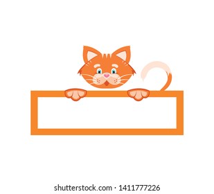 Vector illustration. Sticker. Orange cat holds a rectangular frame. Cartoon character for printing goods for pet store, signboard, pet food, advertising logo concept.