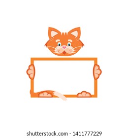 Vector illustration. Sticker. Orange cat holds a rectangular frame. Cartoon character for printing goods for pet store, signboard, pet food, advertising logo concept.