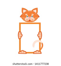 Vector illustration. Sticker. Orange cat holds a rectangular frame. Cartoon character for printing goods for pet store, signboard, pet food, advertising logo concept.