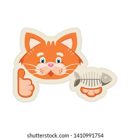 Vector illustration. Sticker. Orange funny cat with fish bone. Goods for pet store, pet food, the concept of an advertising logo.