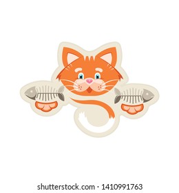 Vector illustration. Sticker. Orange funny cat with fish bone. Goods for pet store, pet food, the concept of an advertising logo.