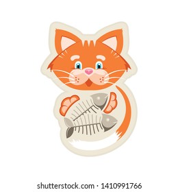 Vector illustration. Sticker. Orange funny cat with fish bone. Goods for pet store, pet food, the concept of an advertising logo.