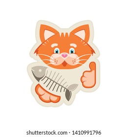 Vector illustration. Sticker. Orange funny cat with fish bone. Goods for pet store, pet food, the concept of an advertising logo.