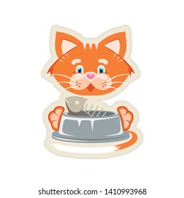 Vector illustration. Sticker. Orange funny cat with fish bone in a pet bowl. Goods for pet store, pet food, the concept of an advertising logo.