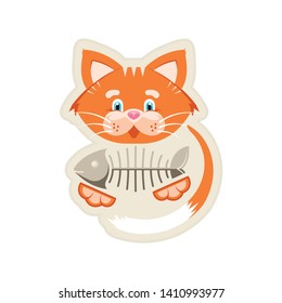 Vector illustration. Sticker. Orange funny cat with fish bone. Goods for pet store, pet food, the concept of an advertising logo.