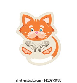 Vector illustration. Sticker. Orange funny cat with fish bone. Goods for pet store, pet food, the concept of an advertising logo.