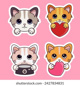 Vector illustration of a sticker pack of cartoon kawii cat heads, with various cute expressions perfect for stickers, labels, etc