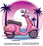 Vector Illustration sticker of pink color scooter in summer scene in white background