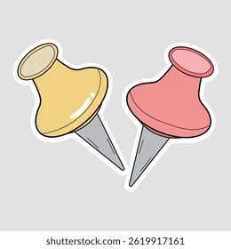 Vector Illustration Sticker of Push Pins. Vibrant vector sticker showcasing yellow and pink push pins with a white outline on a minimalist gray background