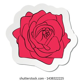 Vector illustration, sticker of red rose flower in flat cartoon style isolated on white background