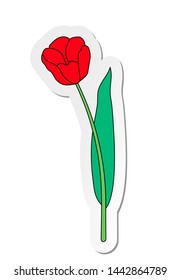 Vector Illustration, Sticker Of Red Tulip Flower In Flat Cartoon Style Isolated On White Background