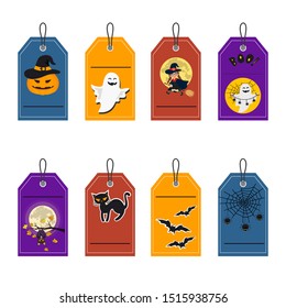 Vector illustration sticker of set of halloween element with pumpkin, cat, skeleton, pot of potion, ghosts and bats. Illustration can use for kids decor, print, card, sticker kit