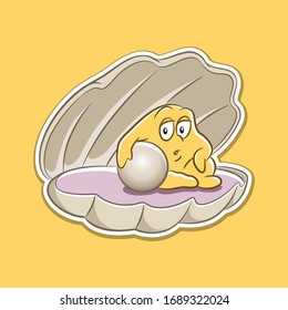 Vector Illustration of Sticker of Shell and Pearl Cartoon on a Yellow Background