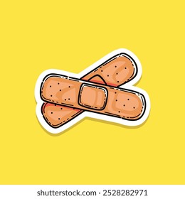 Vector illustration sticker style of bandage elastic medical plasters set isolated on yellow background. Art design medical elastic patch. 