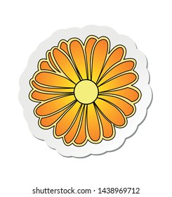 Vector illustration, sticker of yellow marigold flower in flat cartoon style isolated on white background
