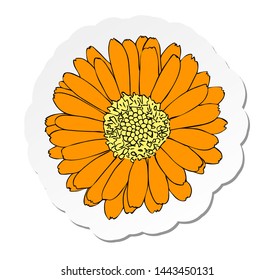 Vector illustration, sticker of yellow marigold flower in flat cartoon style isolated on white background