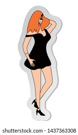 Vector illustration, sticker of young redhead girl in black dress in flat cartoon style isolated on white background