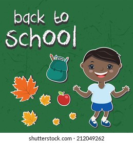 Vector illustration stickers back to school.With a child, backpack leaves and apple
