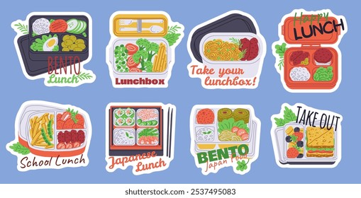 Ilustração vetorial com adesivos de almoços bento com sushi, rolos, arroz, camarão, peixe e varas, bagas e legumes para design de cozinha asiática