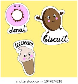 Vector illustration stickers biscuit, donut, ice cream. icons set
